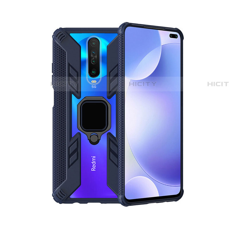 Funda Bumper Silicona y Plastico Mate Carcasa con Magnetico Anillo de dedo Soporte S02 para Xiaomi Redmi K30 4G Azul