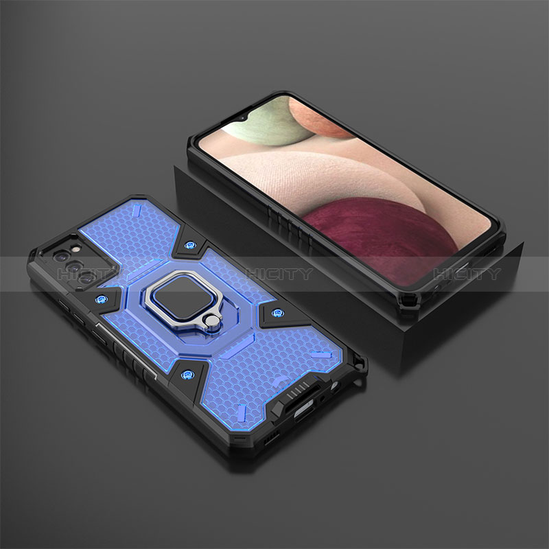 Funda Bumper Silicona y Plastico Mate Carcasa con Magnetico Anillo de dedo Soporte S03 para Samsung Galaxy A02s Azul