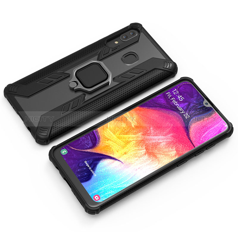 Funda Bumper Silicona y Plastico Mate Carcasa con Magnetico Anillo de dedo Soporte S03 para Samsung Galaxy A20 Negro