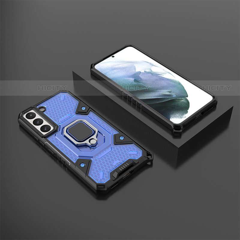 Funda Bumper Silicona y Plastico Mate Carcasa con Magnetico Anillo de dedo Soporte S03 para Samsung Galaxy S22 5G Azul