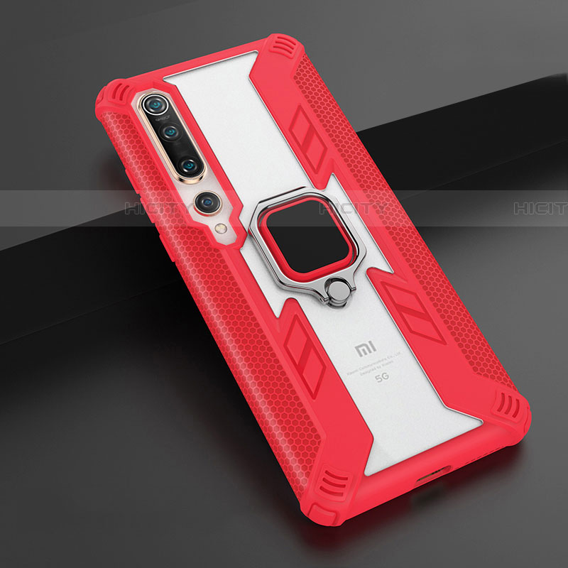 Funda Bumper Silicona y Plastico Mate Carcasa con Magnetico Anillo de dedo Soporte S03 para Xiaomi Mi 10 Rojo