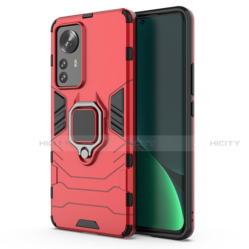 Funda Bumper Silicona y Plastico Mate Carcasa con Magnetico Anillo de dedo Soporte S03 para Xiaomi Mi 12 5G Rojo