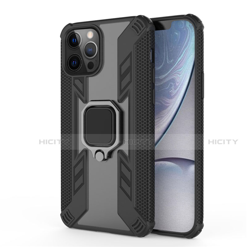 Funda Bumper Silicona y Plastico Mate Carcasa con Magnetico Anillo de dedo Soporte S04 para Apple iPhone 12 Pro Max Negro