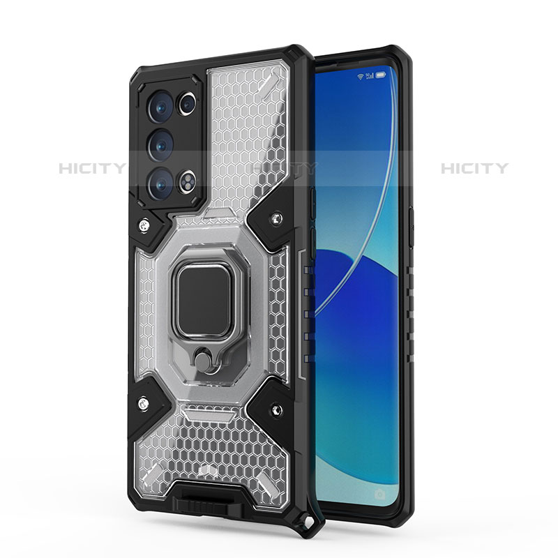 Funda Bumper Silicona y Plastico Mate Carcasa con Magnetico Anillo de dedo Soporte S04 para Oppo Reno6 Pro+ Plus 5G Negro