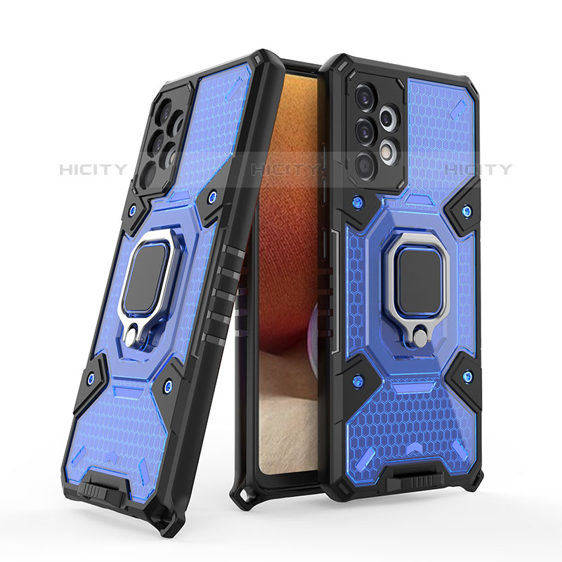 Funda Bumper Silicona y Plastico Mate Carcasa con Magnetico Anillo de dedo Soporte S04 para Samsung Galaxy M32 5G Azul