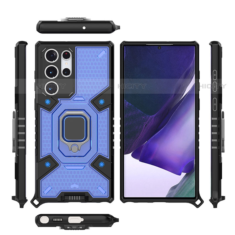 Funda Bumper Silicona y Plastico Mate Carcasa con Magnetico Anillo de dedo Soporte S04 para Samsung Galaxy S21 Ultra 5G Azul