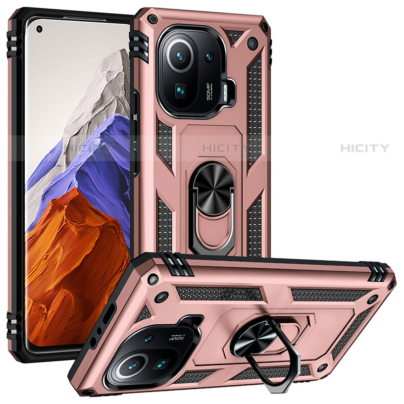 Funda Bumper Silicona y Plastico Mate Carcasa con Magnetico Anillo de dedo Soporte S04 para Xiaomi Mi 11 Pro 5G Oro Rosa