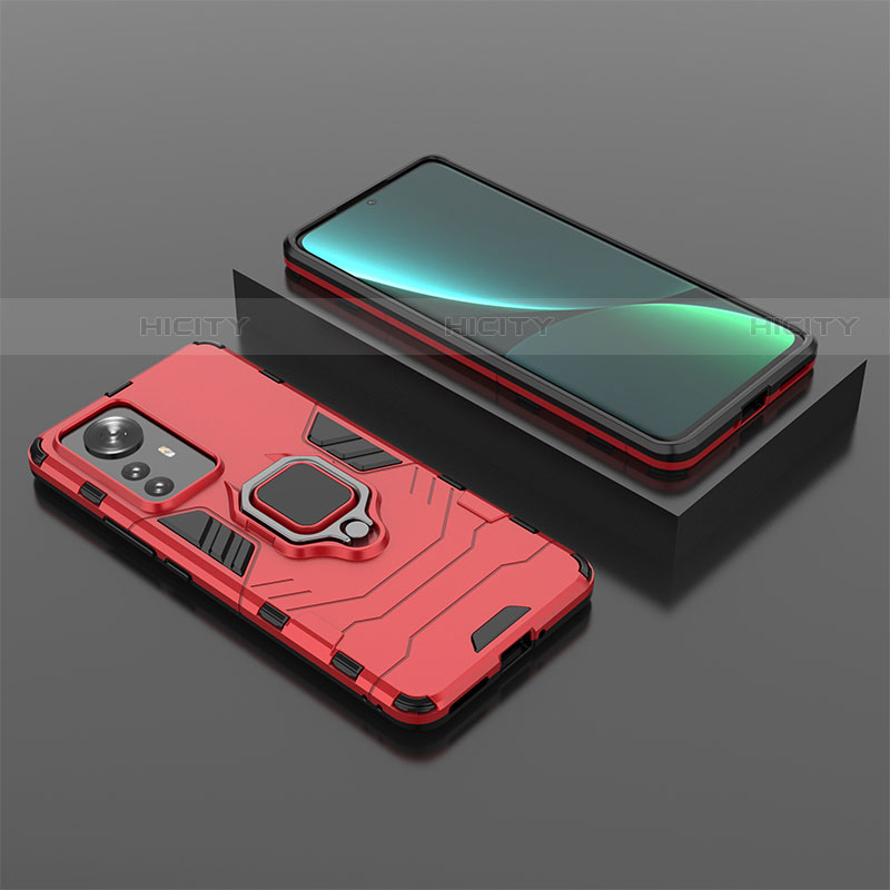Funda Bumper Silicona y Plastico Mate Carcasa con Magnetico Anillo de dedo Soporte S04 para Xiaomi Mi 12 Pro 5G Rojo