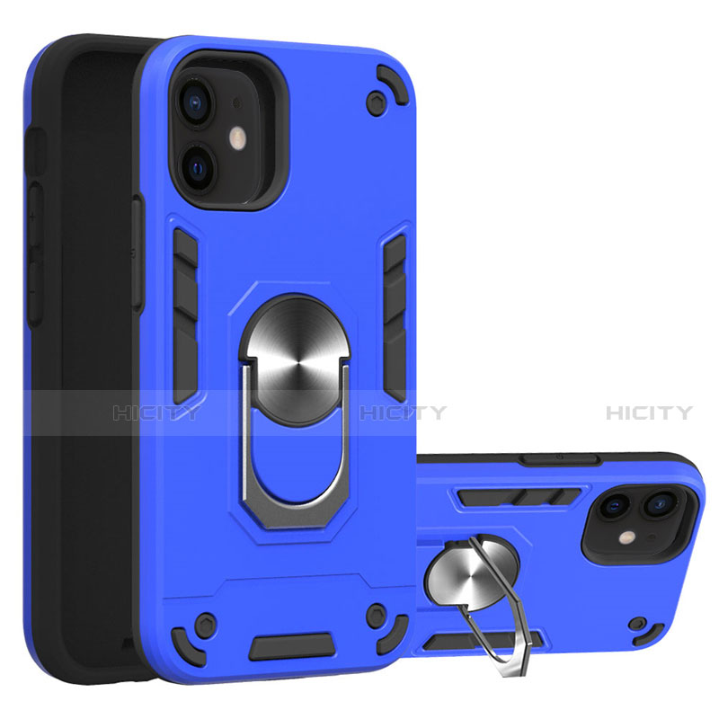 Funda Bumper Silicona y Plastico Mate Carcasa con Magnetico Anillo de dedo Soporte S05 para Apple iPhone 12 Mini Azul