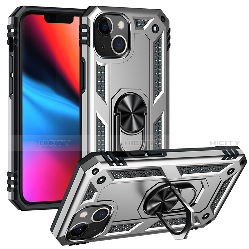 Funda Bumper Silicona y Plastico Mate Carcasa con Magnetico Anillo de dedo Soporte S05 para Apple iPhone 13 Mini Plata