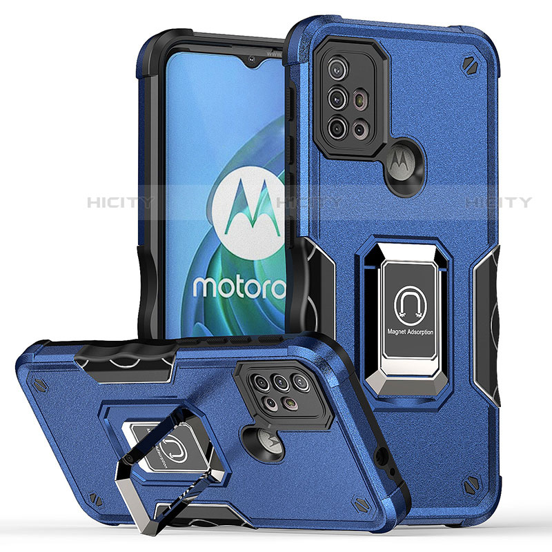 Funda Bumper Silicona y Plastico Mate Carcasa con Magnetico Anillo de dedo Soporte S05 para Motorola Moto G10 Power Azul