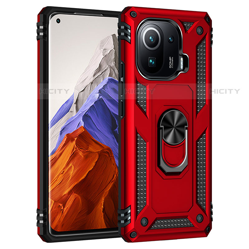 Funda Bumper Silicona y Plastico Mate Carcasa con Magnetico Anillo de dedo Soporte S05 para Xiaomi Mi 11 Pro 5G Rojo