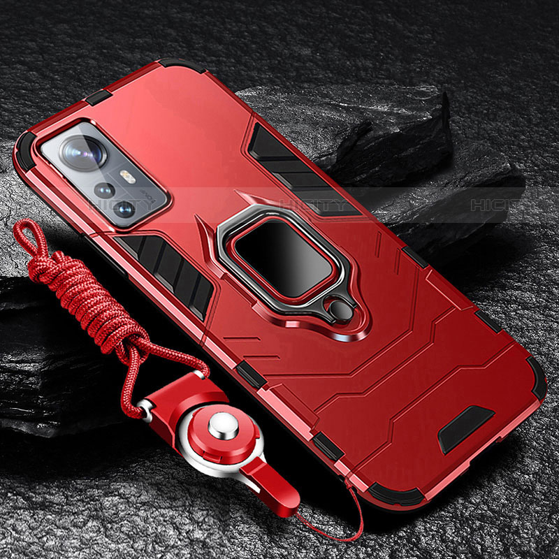 Funda Bumper Silicona y Plastico Mate Carcasa con Magnetico Anillo de dedo Soporte S05 para Xiaomi Mi 12S 5G Rojo