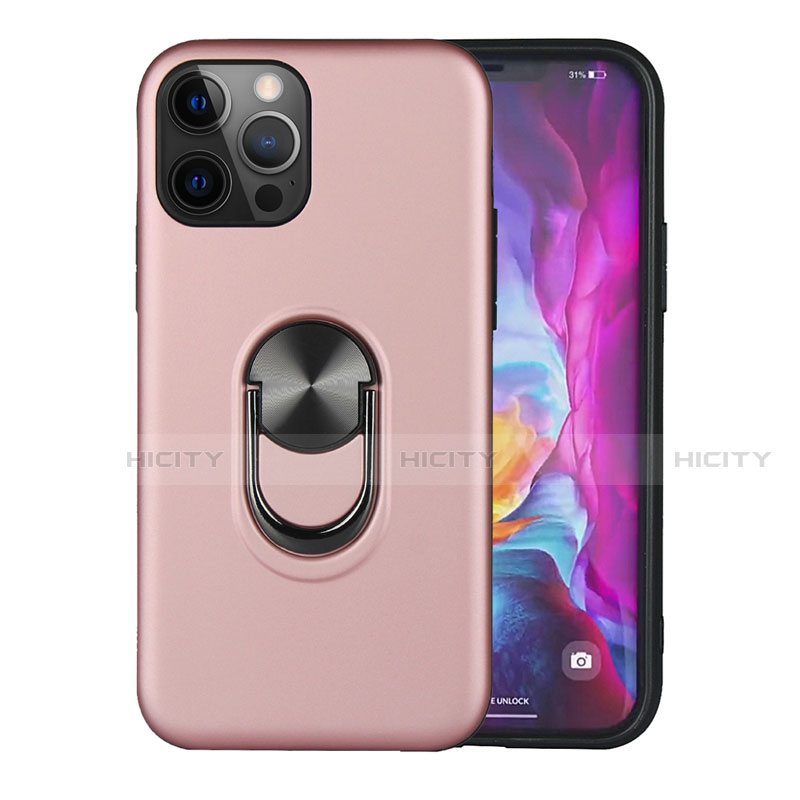 Funda Bumper Silicona y Plastico Mate Carcasa con Magnetico Anillo de dedo Soporte S06 para Apple iPhone 12 Pro Oro Rosa