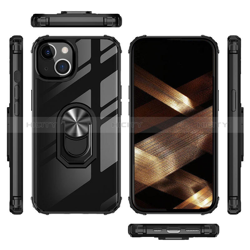 Funda Bumper Silicona y Plastico Mate Carcasa con Magnetico Anillo de dedo Soporte S06 para Apple iPhone 15 Plus