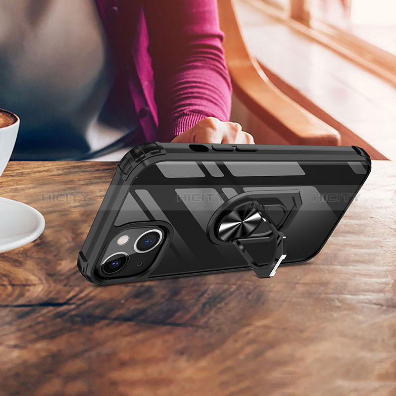 Funda Bumper Silicona y Plastico Mate Carcasa con Magnetico Anillo de dedo Soporte S06 para Apple iPhone 15 Plus