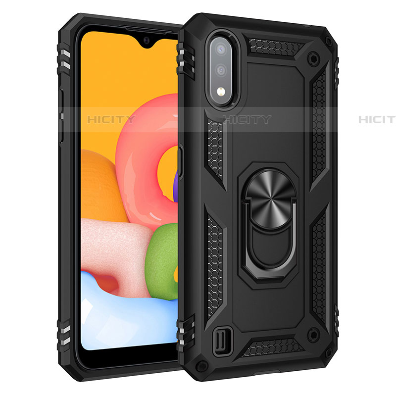 Funda Bumper Silicona y Plastico Mate Carcasa con Magnetico Anillo de dedo Soporte S06 para Samsung Galaxy A01 SM-A015 Negro