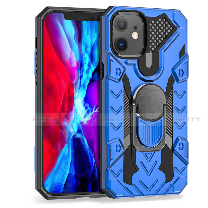 Funda Bumper Silicona y Plastico Mate Carcasa con Magnetico Anillo de dedo Soporte S07 para Apple iPhone 12 Mini Azul