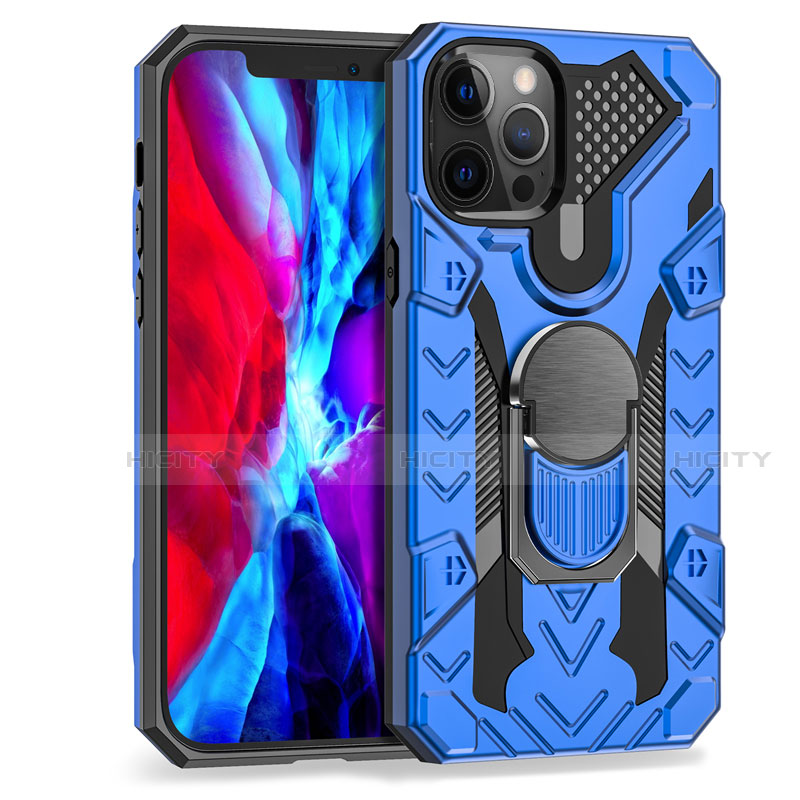 Funda Bumper Silicona y Plastico Mate Carcasa con Magnetico Anillo de dedo Soporte S07 para Apple iPhone 12 Pro Azul