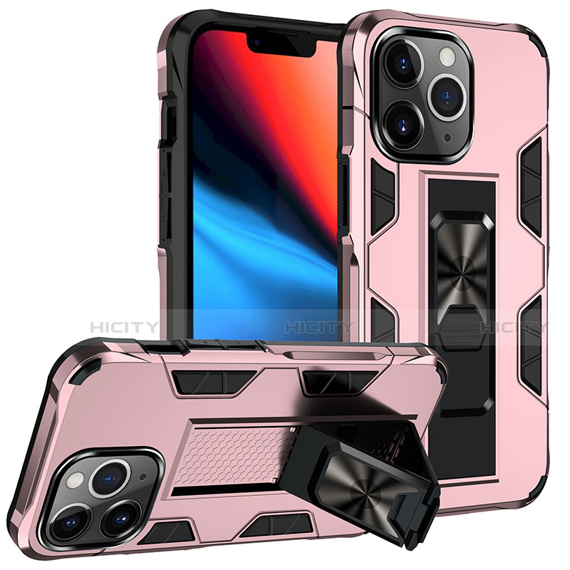 Funda Bumper Silicona y Plastico Mate Carcasa con Magnetico Anillo de dedo Soporte S07 para Apple iPhone 13 Pro Max Oro Rosa