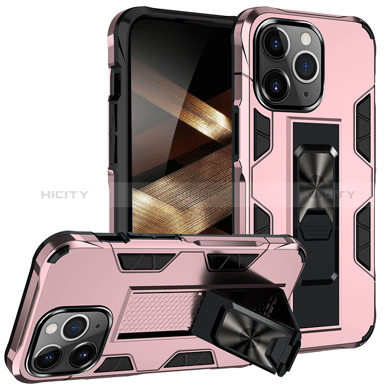 Funda Bumper Silicona y Plastico Mate Carcasa con Magnetico Anillo de dedo Soporte S07 para Apple iPhone 14 Pro Oro Rosa