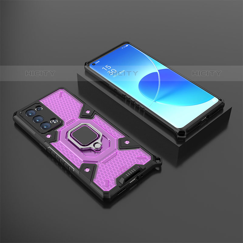 Funda Bumper Silicona y Plastico Mate Carcasa con Magnetico Anillo de dedo Soporte S07 para Oppo Reno6 Pro 5G Morado