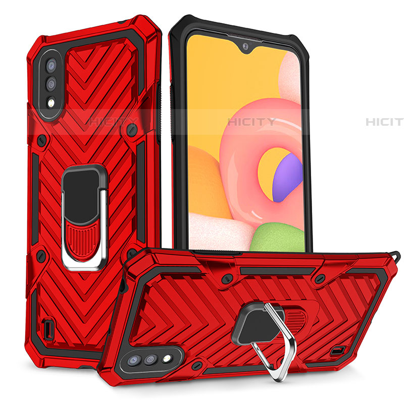 Funda Bumper Silicona y Plastico Mate Carcasa con Magnetico Anillo de dedo Soporte S08 para Samsung Galaxy A01 SM-A015 Rojo