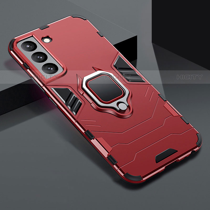 Funda Bumper Silicona y Plastico Mate Carcasa con Magnetico Anillo de dedo Soporte S08 para Samsung Galaxy S21 FE 5G Rojo