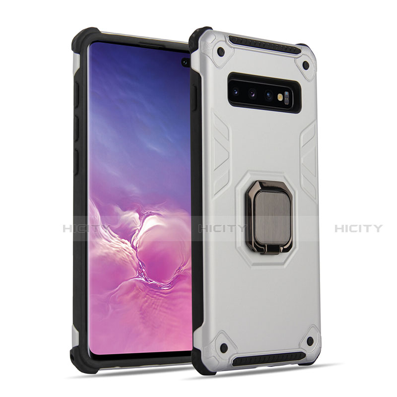 Funda Bumper Silicona y Plastico Mate Carcasa con Magnetico Anillo de dedo Soporte T01 para Samsung Galaxy S10 5G Plata