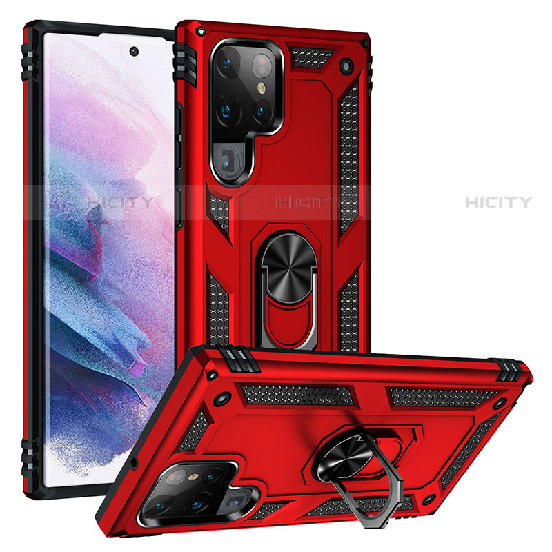 Funda Bumper Silicona y Plastico Mate Carcasa con Magnetico Anillo de dedo Soporte T03 para Samsung Galaxy S22 Ultra 5G Rojo