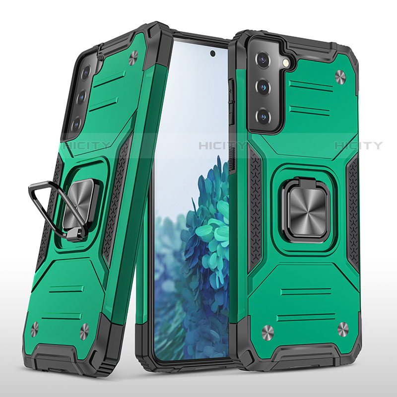 Funda Bumper Silicona y Plastico Mate Carcasa con Magnetico Anillo de dedo Soporte T04 para Samsung Galaxy S21 FE 5G Verde