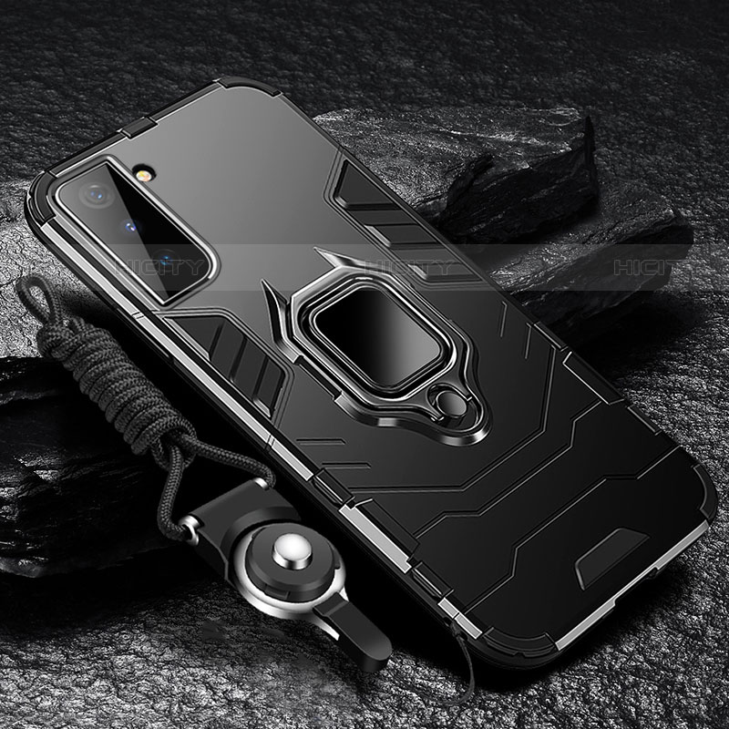 Funda Bumper Silicona y Plastico Mate Carcasa con Magnetico Anillo de dedo Soporte T06 para Samsung Galaxy S21 5G Negro