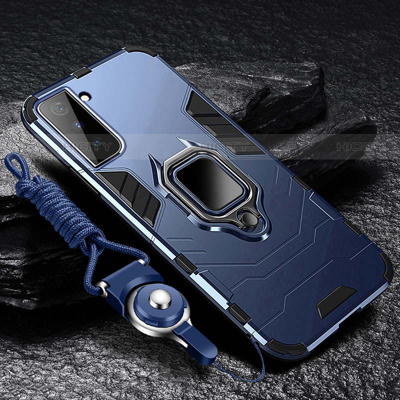 Funda Bumper Silicona y Plastico Mate Carcasa con Magnetico Anillo de dedo Soporte T06 para Samsung Galaxy S21 Plus 5G Azul