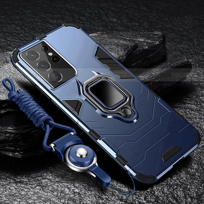Funda Bumper Silicona y Plastico Mate Carcasa con Magnetico Anillo de dedo Soporte T06 para Samsung Galaxy S23 Ultra 5G Azul