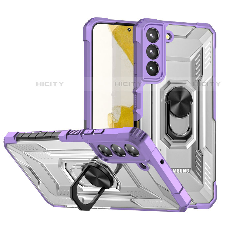 Funda Bumper Silicona y Plastico Mate Carcasa con Magnetico Anillo de dedo Soporte T07 para Samsung Galaxy S21 Plus 5G Morado