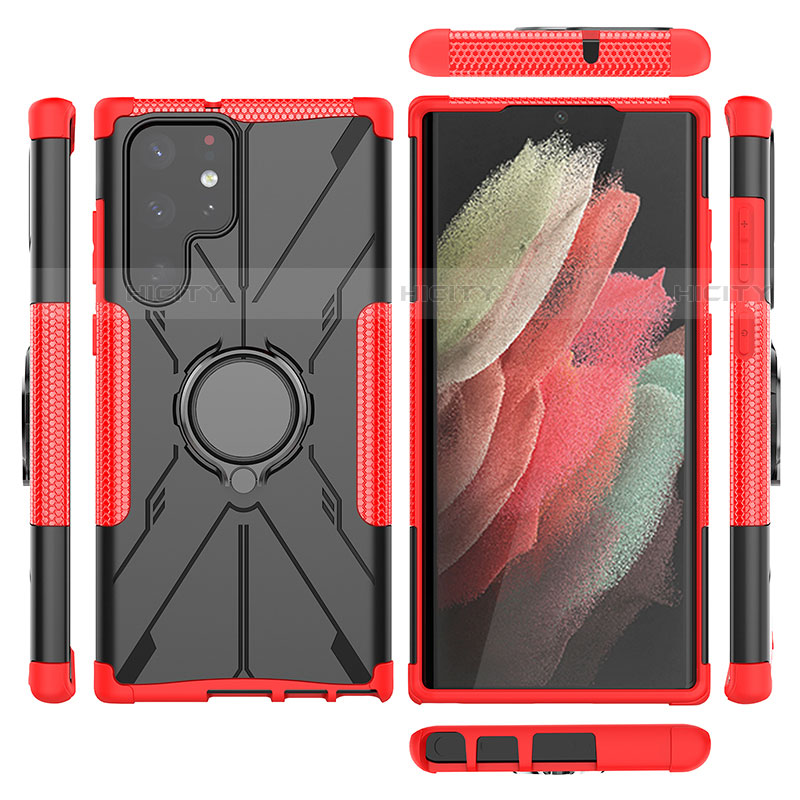 Funda Bumper Silicona y Plastico Mate Carcasa con Magnetico Anillo de dedo Soporte T08 para Samsung Galaxy S21 Ultra 5G