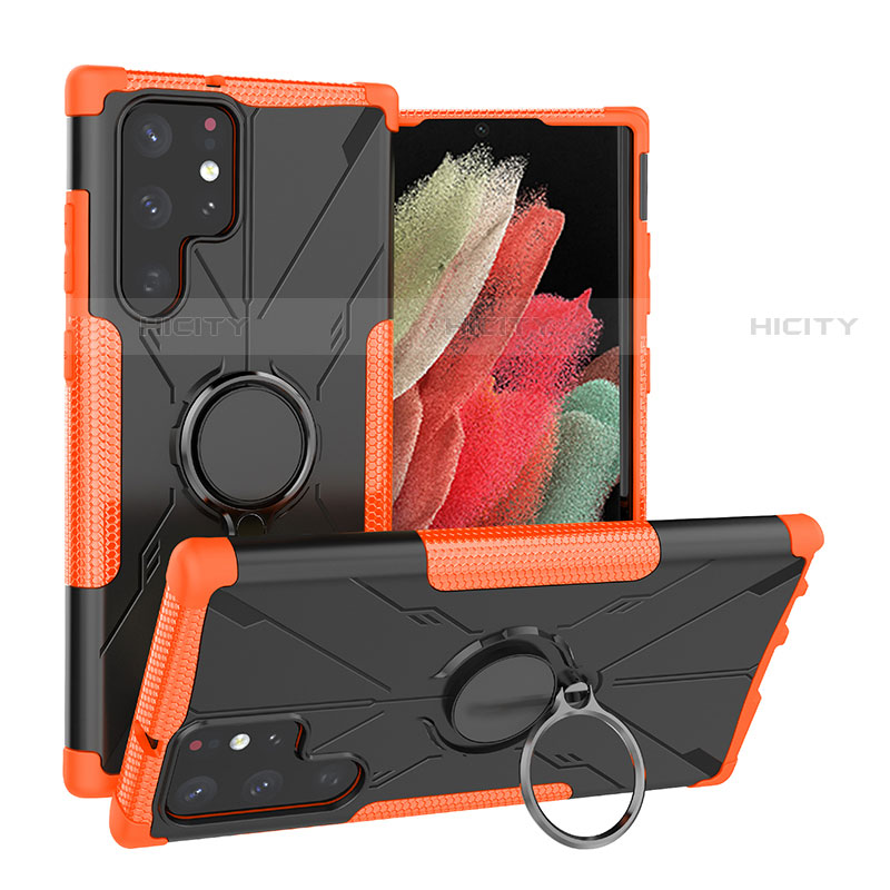 Funda Bumper Silicona y Plastico Mate Carcasa con Magnetico Anillo de dedo Soporte T08 para Samsung Galaxy S21 Ultra 5G Naranja