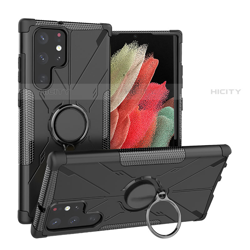 Funda Bumper Silicona y Plastico Mate Carcasa con Magnetico Anillo de dedo Soporte T08 para Samsung Galaxy S21 Ultra 5G Negro