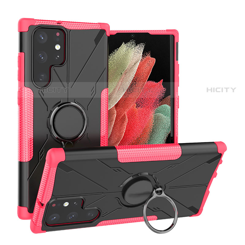 Funda Bumper Silicona y Plastico Mate Carcasa con Magnetico Anillo de dedo Soporte T08 para Samsung Galaxy S21 Ultra 5G Rosa Roja