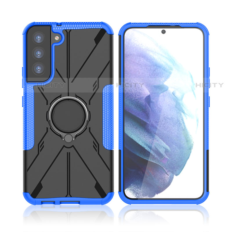 Funda Bumper Silicona y Plastico Mate Carcasa con Magnetico Anillo de dedo Soporte T09 para Samsung Galaxy S21 5G Azul