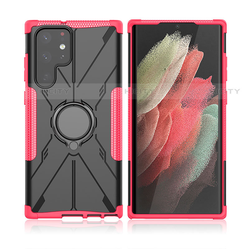 Funda Bumper Silicona y Plastico Mate Carcasa con Magnetico Anillo de dedo Soporte T09 para Samsung Galaxy S21 Ultra 5G Rosa Roja