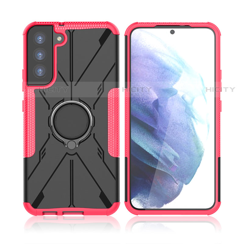 Funda Bumper Silicona y Plastico Mate Carcasa con Magnetico Anillo de dedo Soporte T09 para Samsung Galaxy S22 5G Rosa Roja