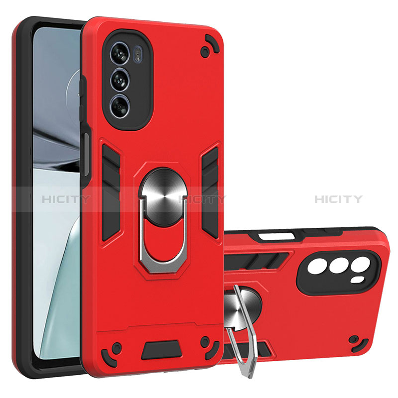 Funda Bumper Silicona y Plastico Mate Carcasa con Magnetico Anillo de dedo Soporte YB1 para Motorola Moto G62 5G Rojo