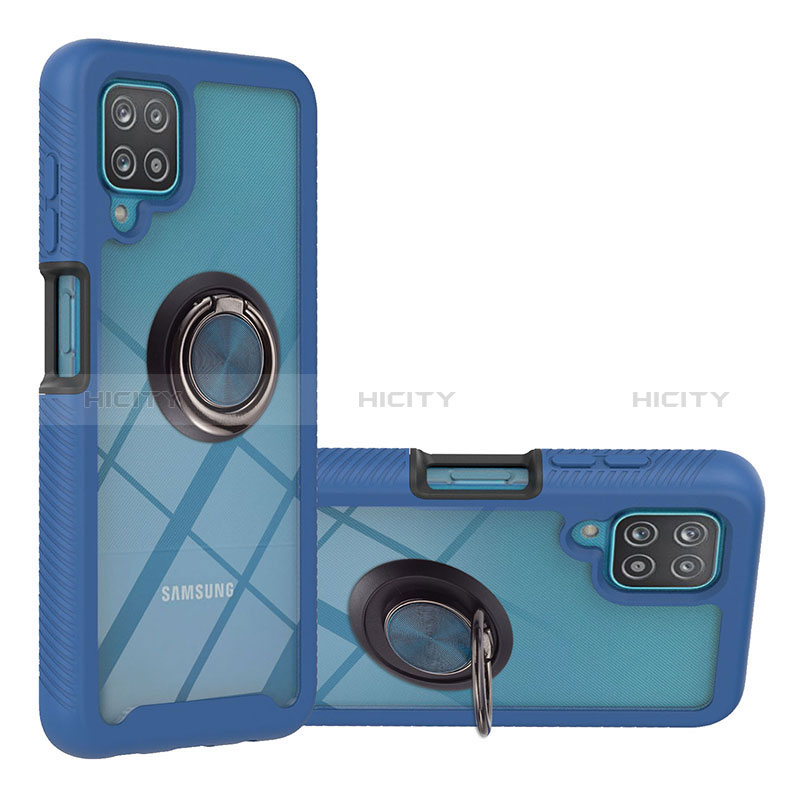 Funda Bumper Silicona y Plastico Mate Carcasa con Magnetico Anillo de dedo Soporte YB1 para Samsung Galaxy F12 Azul