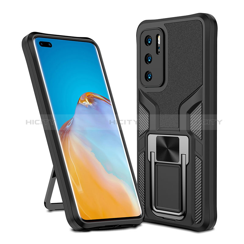 Funda Bumper Silicona y Plastico Mate Carcasa con Magnetico Anillo de dedo Soporte ZL1 para Huawei P40 Negro