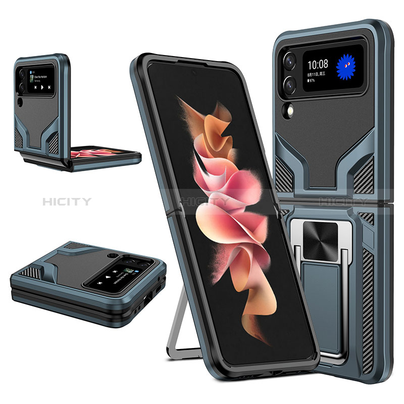 Funda Bumper Silicona y Plastico Mate Carcasa con Magnetico Anillo de dedo Soporte ZL1 para Samsung Galaxy Z Flip3 5G Cian