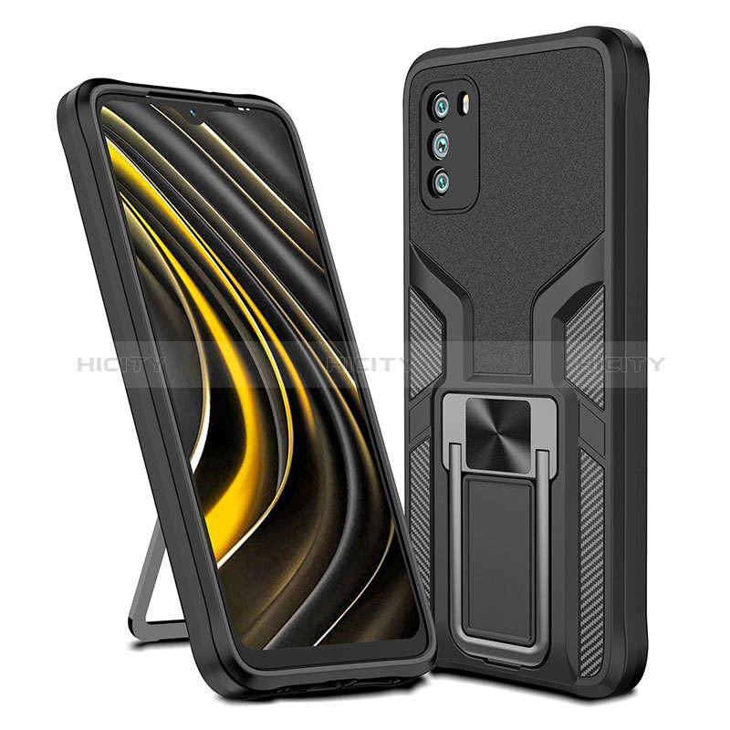 Funda Bumper Silicona y Plastico Mate Carcasa con Magnetico Anillo de dedo Soporte ZL1 para Xiaomi Poco M3 Negro