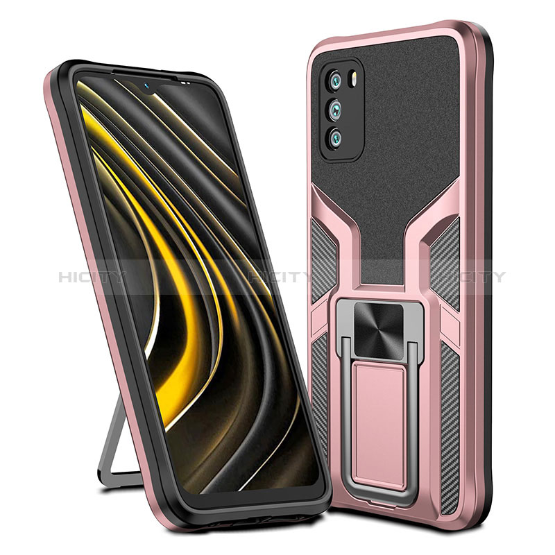 Funda Bumper Silicona y Plastico Mate Carcasa con Magnetico Anillo de dedo Soporte ZL1 para Xiaomi Poco M3 Oro Rosa