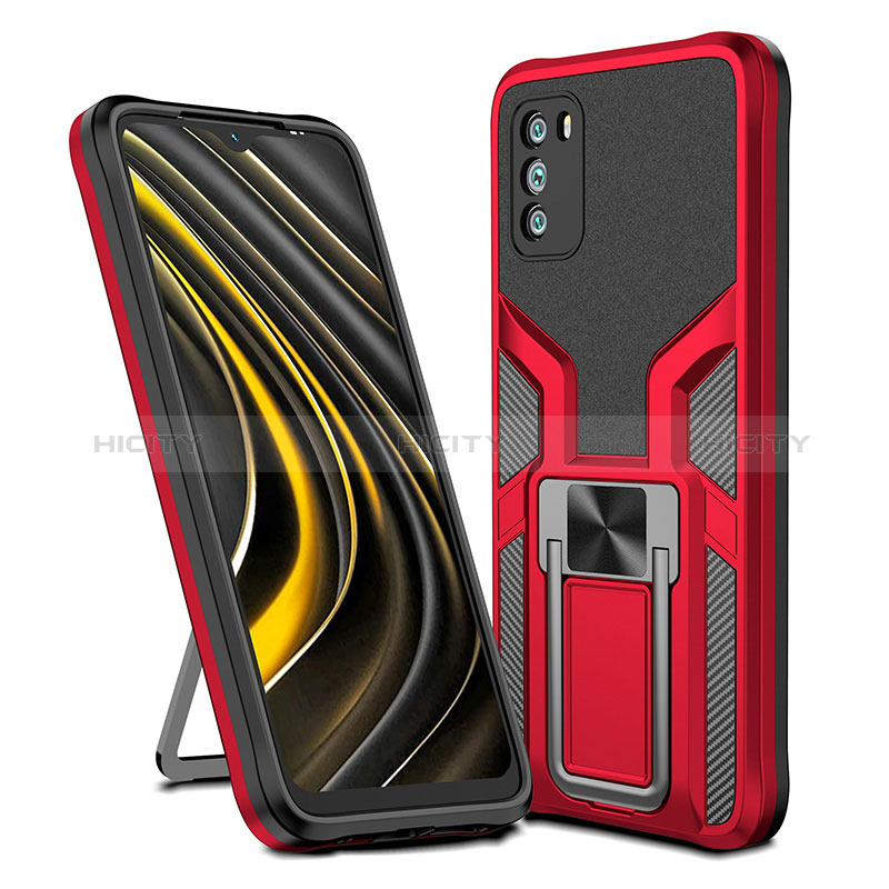 Funda Bumper Silicona y Plastico Mate Carcasa con Magnetico Anillo de dedo Soporte ZL1 para Xiaomi Poco M3 Rojo