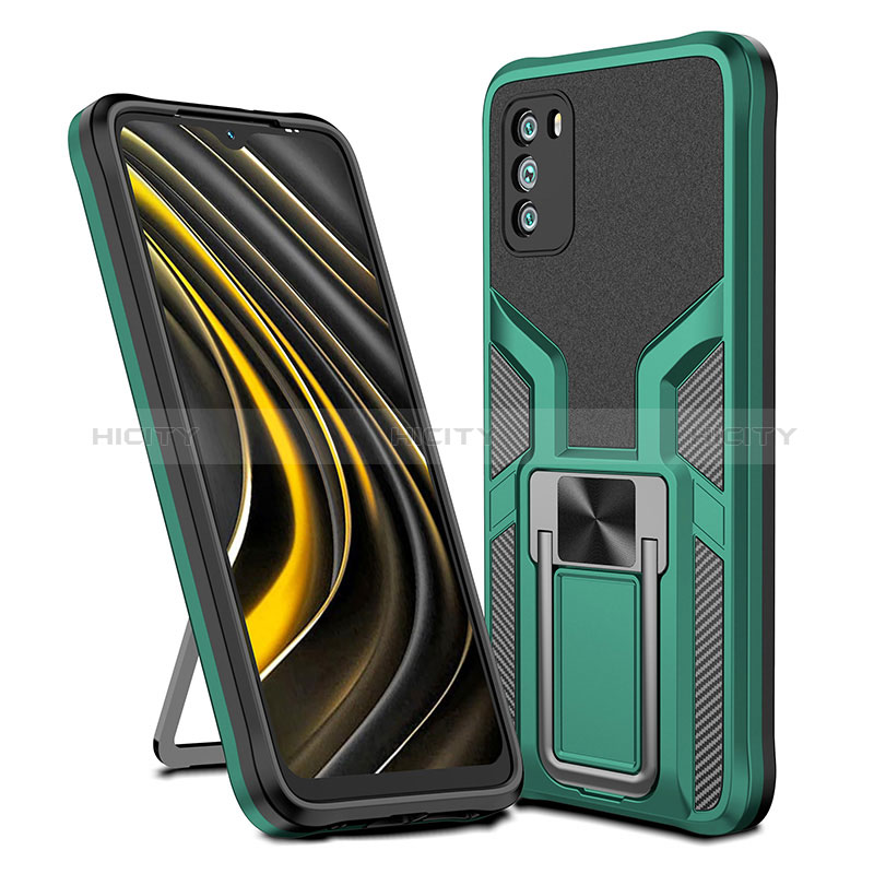 Funda Bumper Silicona y Plastico Mate Carcasa con Magnetico Anillo de dedo Soporte ZL1 para Xiaomi Poco M3 Verde